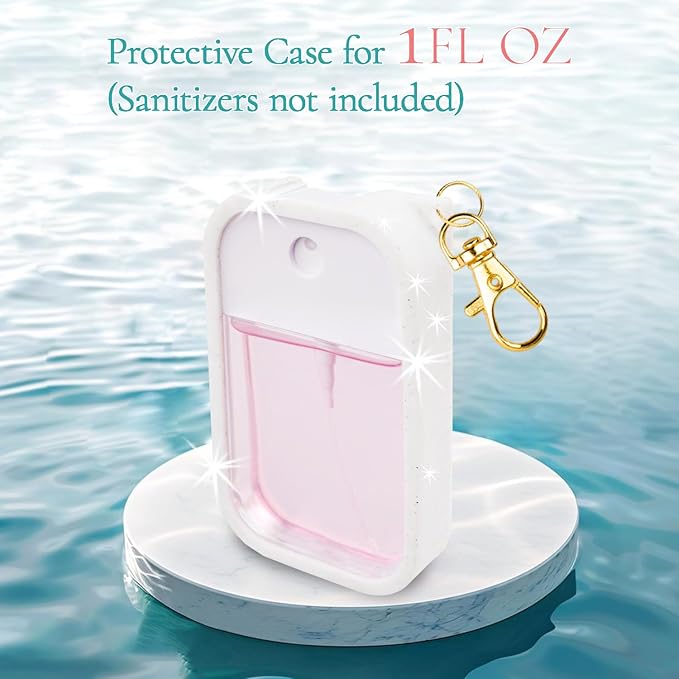 Silicone Case Compatible with Touchland Hand Sanitizer Spray, Protective Case with Keychain for Power Mist and Glow Mist 1 fl oz, Hand Sanitizer Spray Accessory (Glitter Sequin White)