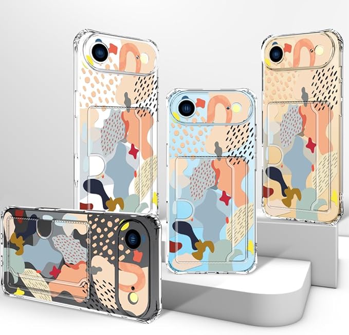 Compatible with iPhone 17 Air Case Card Holder for Women Cute Design,Wallet Phone Cases Transparent Cool Kawaii Protective (Clear Abstract Art)