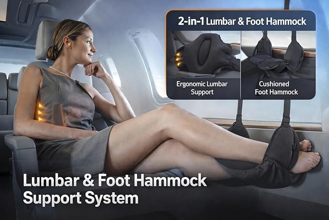 2-in-1 Inflatable Foot Hammock & Lumbar Support – Premium TPU Material, Adjustable Support for Airplane, Office & Home – Lightweight, Portable & Travel-Ready (Black)