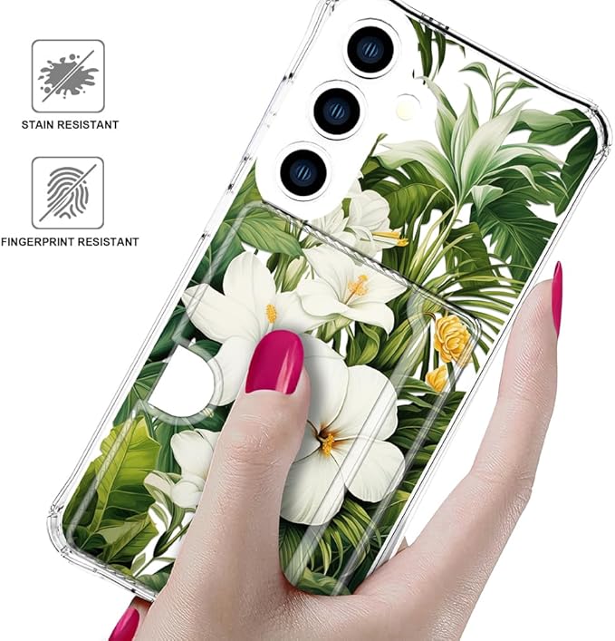 Compatible with Samsung Galaxy S24 / S25 Case Card Holder for Women Cute Design,Wallet Phone Cases Transparent Cool Kawaii Protective (Clear Green Flowers Tropical Jungle)