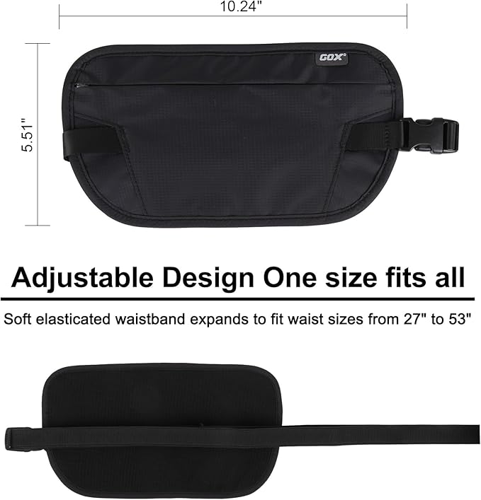 GOX Money Belt for Men Travel, Anti-Theft Hidden Waist Pack, RFID Secure Travel Belt for Men, Ultra-Thin Under-Clothes Passport Wallet with Documentry Safety & Money Holder (Black-L)