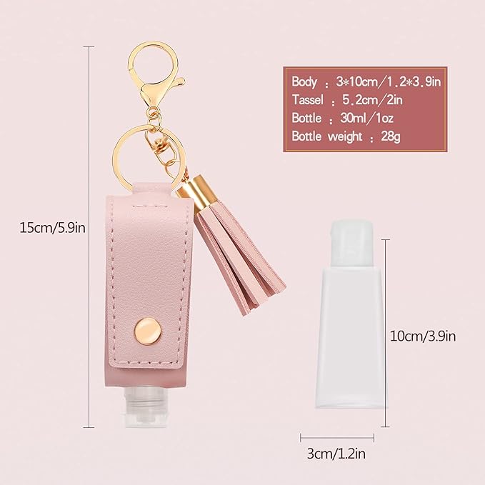 Unaone 1oz/30ml Hand Sanitizer Holder Travel Size, Empty Bottles Leather Sanitizer Holder with Keychain Portable Small Squeeze Bottle Refillable Container for Toiletry Lotion Liquid Soap Shampoo Pink