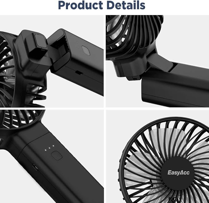 EasyAcc Handheld Fan, 5000mAh Battery Operated Portable Fan [20 Hours Quiet Powerful ] 4 Speed Power Indicator/One Touch Power Off Foldable for Travel Office Outdoor