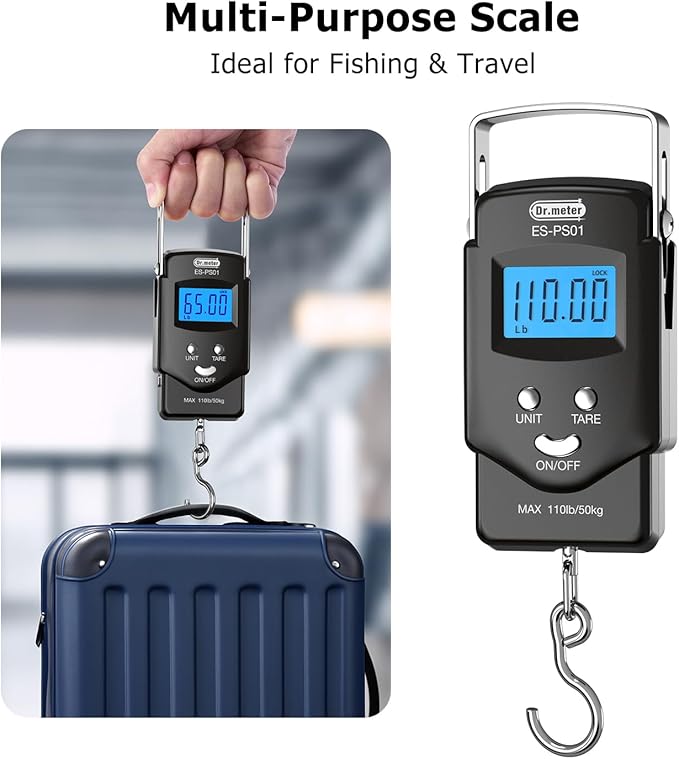 Dr.meter Fish Scale Luggage Scale Fishing Gear - 110lb Backlit LCD Display Digital Scale with Built-in Measuring Tape - Fishing Scale with 2 AAA Batteries, Pocket Size - Fishing Gifts for Men
