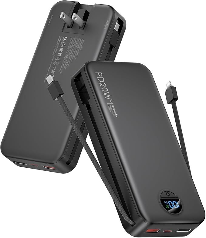 citicr Portable Charger Power Bank, 20000mAh PD20W USB C Fast Charging with Built-in Cables & Wall Plug, External Battery Bank with LED Display, Travel Essential for iPhone, iPad, Samsung Black