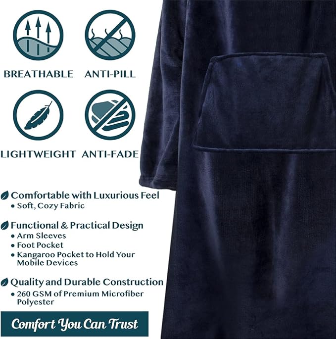 PAVILIA Fleece Blanket with Sleeves, Foot Pockets for Women Men Adults, Plush Wearable Blanket Throw Wrap, Warm Snuggle Blanket Robe, Cozy Gift Ideas Wife Mom, Navy Blue