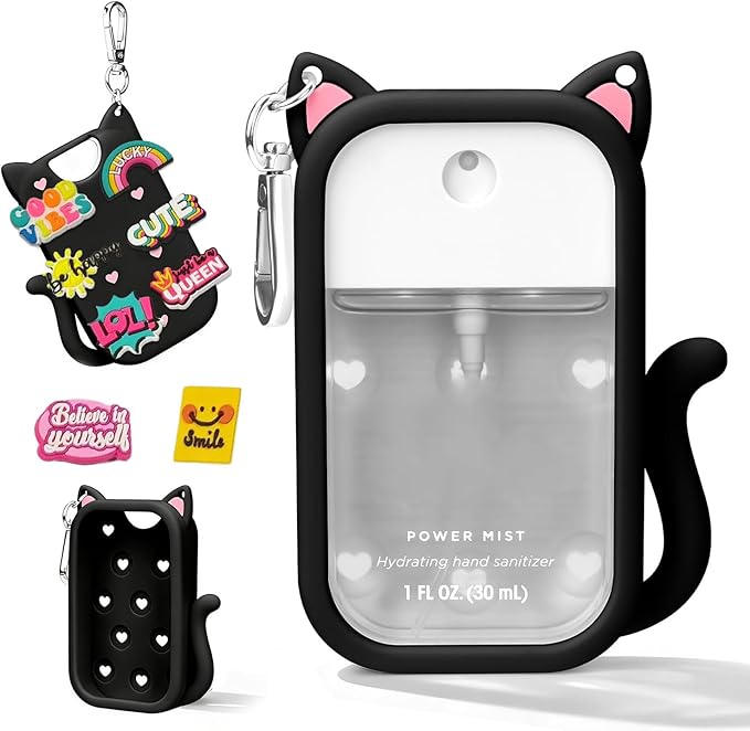 Portable Silicone Case Compatible with Touchland Hand Sanitizer 1 FL OZ / 30ML, Cute Cat-Shaped Case with 8 Charms and Keychain, Hand Sanitizer Spray Accessory, Gift for Women And Teens. (Black cat)