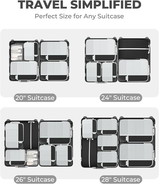 Percover Compression Packing Cubes 6-Piece Set, Packing Cubes Compression for Travel with Multi-Size Organization, Travel Organizer for Carry On & Checked Luggage, Black