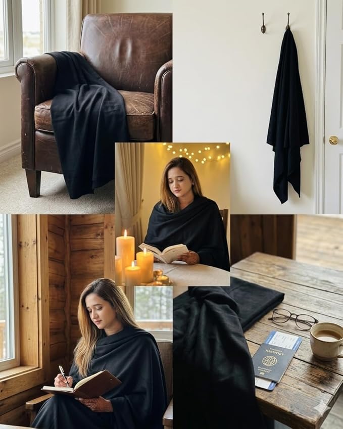 Wayfarer Shawl with Pouch | Voyagers Comfort Set with Luxury Travel Scarf, Eye Mask, Satin Scrunchies & Travel Pouch