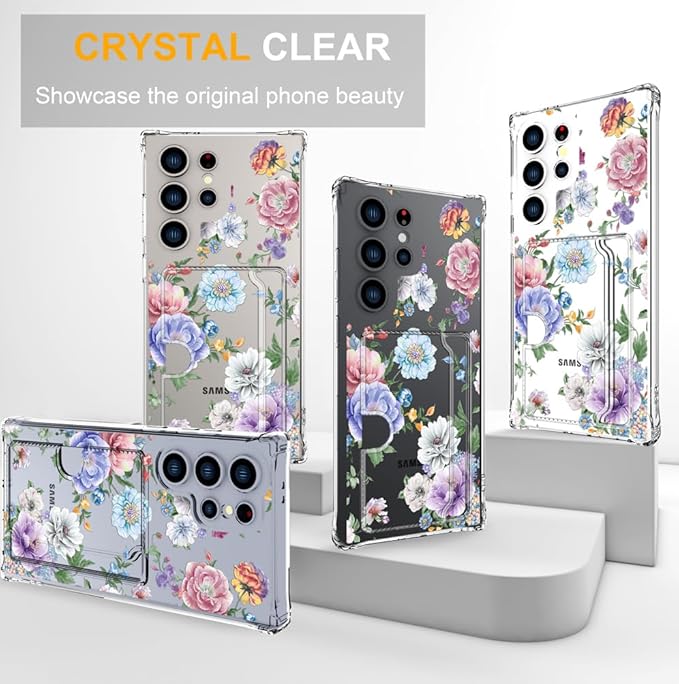 Compatible with Samsung Galaxy S24 Ultra Case Card Holder for Women Cute Design,Wallet Phone Cases Transparent Cool Kawaii Protective (Clear Amazing Lovely Flowers)