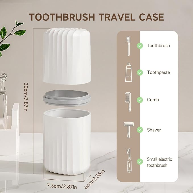 Topavatop Toothbrush Travel Case, 2 in 1 Toothbrush Holder and Rinse Cup, Large Capacity Toothbrush Cup with Cover, Portable Travel Toothbrush Holder for Traveling, Camping, Trip - 1Pcs - White