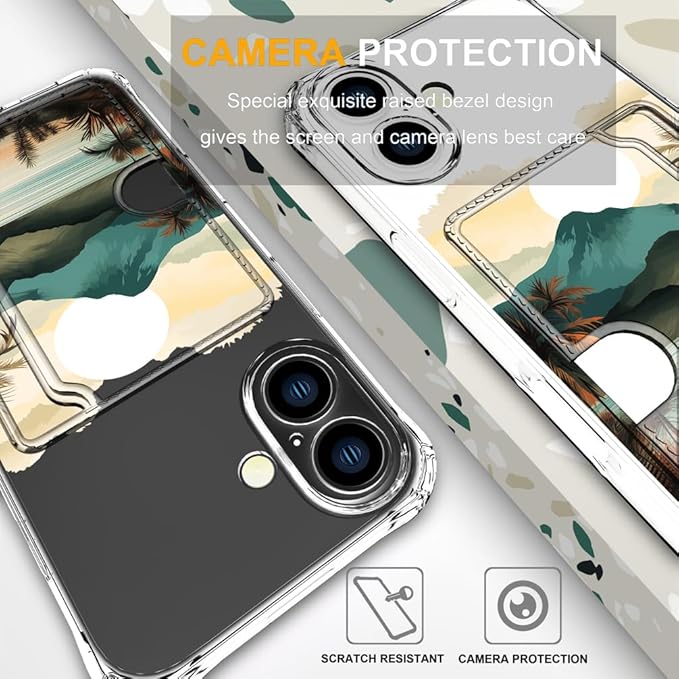 Compatible with iPhone 17 Case Card Holder for Women Cute Design,Wallet Phone Cases Transparent Cool Kawaii Protective (Clear Ocean Sun Mountains Sunset)