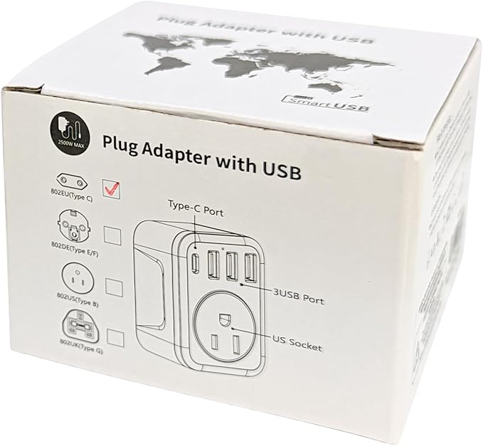 European Travel Plug Adapter USB C, Cellet International Plug Adapter with 1 AC Outlets and 4 USB Ports, Type-C Power Adaptor Charger for US to Most of Europe Iceland Spain Italy France Germany
