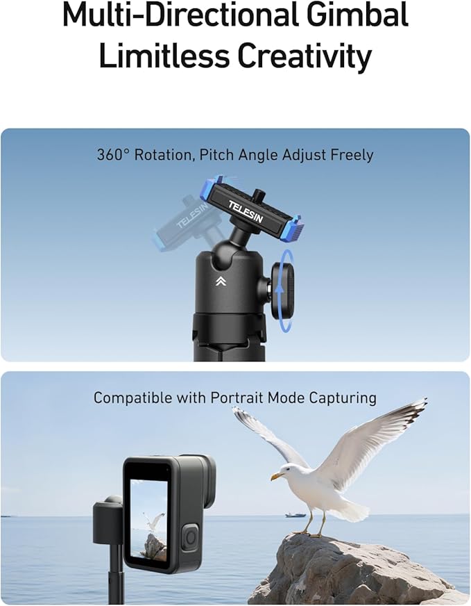 TELESIN 40cm/15.7'' Mini Selfie Stick Tripod Compatible with Gopro 13 Action Camera, Magnetic Quick Release Selfie Handle Grip,360° Adjustable Portable Extension Monopod for Go Pro Hero 13 Accessories