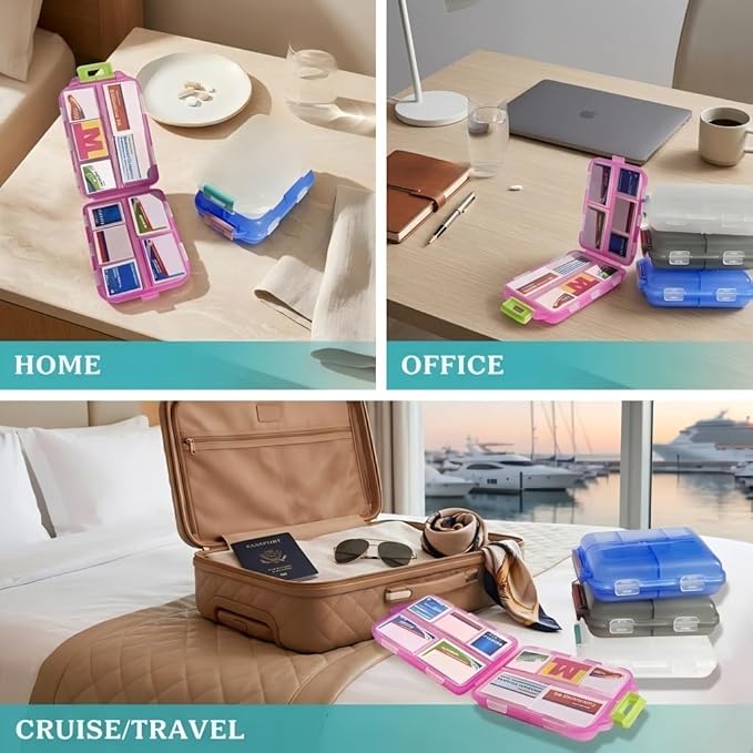 Pill Organizer with Medicine Labels Travel Daily Pill Container Mini Medication Organizer Storage Pill Organizer Travel Essentials Pill Case 7 Day (Grey & 161 Lables)