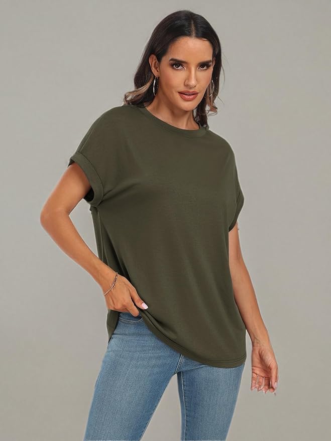 AUTOMET Women's Oversized Short Sleeve T Shirts Casual Drop Shoulder Rolled Cuff Summer Tops for Work, Travel and Lounge