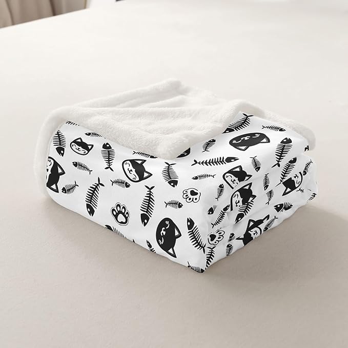 Cute Cats Kids Throw Blanket,Cartoon Cats Pets Paws Print Bed Blanket for Girls Boys Adults,Lovely Animals Kawaii Fleece Blanket,Black White Fuzzy Blanket,Baby Size (30 x 39 Inches)