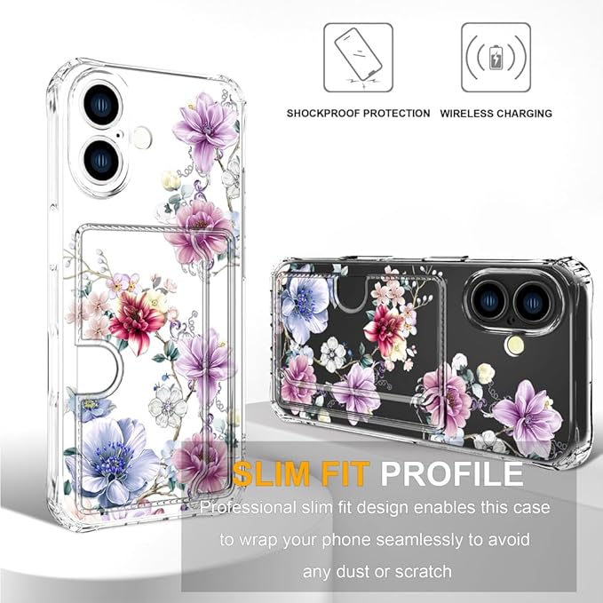 Compatible with iPhone 16 Plus Case Card Holder for Women Cute Design,Wallet Phone Cases Transparent Cool Kawaii Protective (Clear Wonderful Large Flowers)