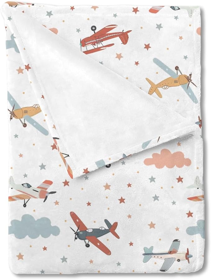 Unisex Plane Nursery Baby Throw Gift Blanket for Boys Girls, Cartoon Planes Clouds Stars Pattern Swaddle Receiving Bed Blanket for Newborn Toddlers Kids-60x80