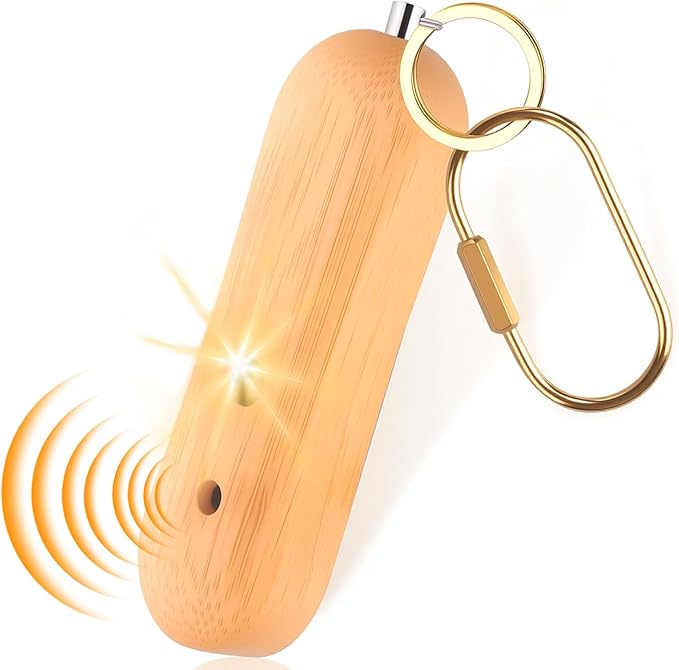 Personal Safety Alarm,Self Defense Keychain,Gifts for Girls,Strobe Light,Rechargeable Portable,Emergency Safety Alarm for Women, Men, Children, Elderly（Wooden）
