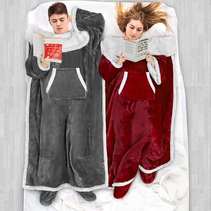 PAVILIA Sherpa Blanket with Sleeves, Foot Pocket for Women Men Adults, Thick Wearable Blanket Throw Wrap, Fleece Warm Snuggle Blanket Robe, Cozy Gift Ideas Wife Mom, Dark Red