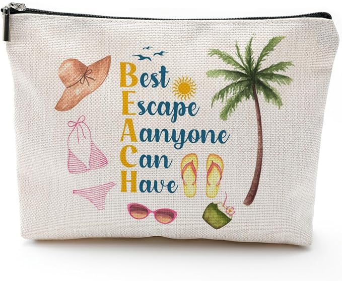 ZUYUROU Beach Makeup Bag for Women, Funny Travel Cosmetic Pouch, Beach Please Zipper Bag, Summer Vacation Gift, Tropical Aesthetic Bag for Girls, Best Escape Anyone Can Have Travel Organizer