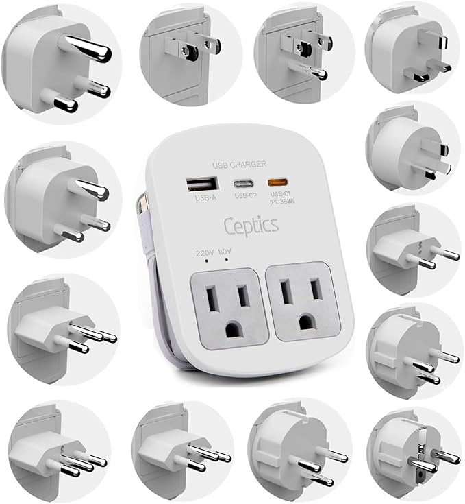 Ceptics Universal Travel Adapter, 35W World Travel Adapter Kit - 2 USA sockets, USB-A, USBC, 1x PD 35W USB-C and USBC Cable, Perfect for Laptops, Cell Phones, Chargers - Surge protection