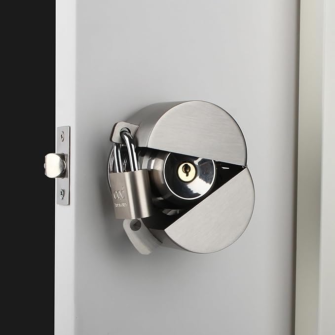 Door Knob Lockout Device with Padlock, Metallic Stainless Steel Locking Cover to Disable Doorknob, Prevents Turning of Door Knob and Access to Keyhole, Prevents Operating The Knob