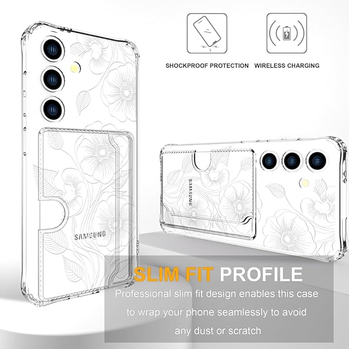 Compatible with Samsung Galaxy S24+ Plus / S25+ Plus Case Card Holder for Women Cute Design,Wallet Phone Cases Transparent Cool Kawaii Protective (Clear Seamless Abstract Flower)