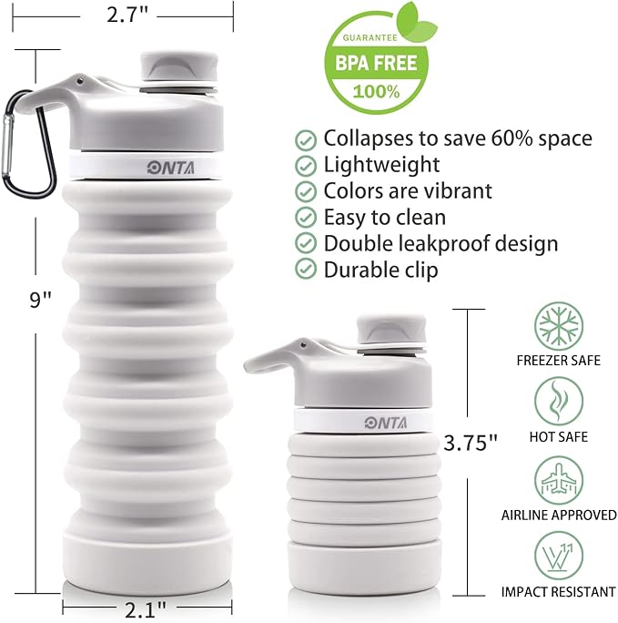 ONTA Collapsible BPA Free Silicone Water Bottle, 20oz - Portable, Leakproof, Easy Clean, Shatter Resistant, Travel Friendly