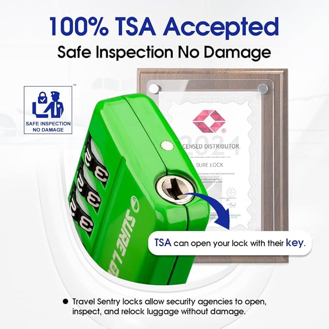 SURE LOCK TSA Approved 4-Digit Resettable Combination Luggage Lock with Open Alert, Easy-Read Dials - for Luggage, School Lockers, Gym, Office, Toolbox & Security Cases(Green 1 Pack)