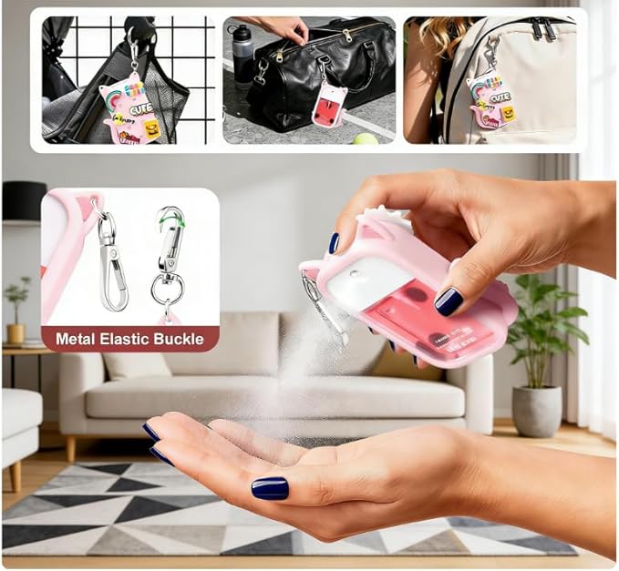 Portable Silicone Case Compatible with Touchland Hand Sanitizer 1 FL OZ / 30ML, Cute Cat-Shaped Case with 8 Charms and Keychain, Hand Sanitizer Spray Accessory, Gift for Women And Teens(Pink cat)