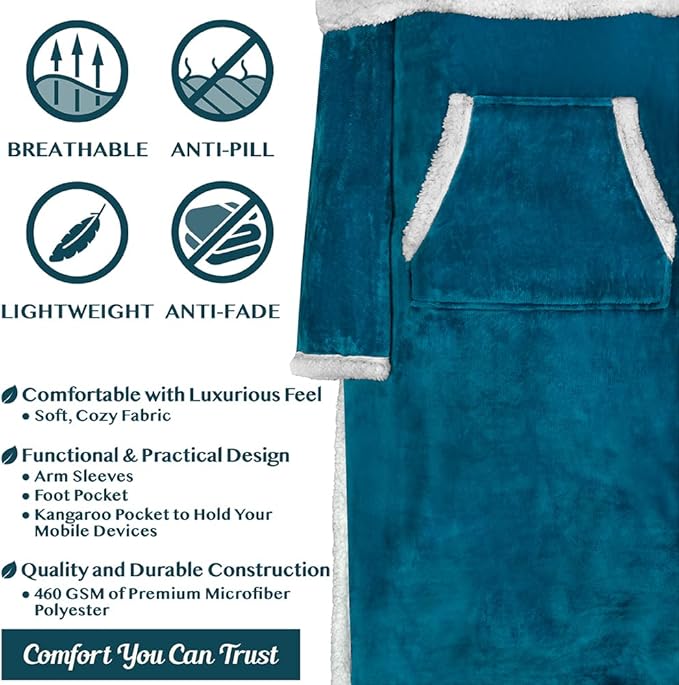 PAVILIA Sherpa Blanket with Sleeves, Foot Pocket for Women Men Adults, Thick Wearable Blanket Throw Wrap, Fleece Warm Snuggle Blanket Robe, Cozy Gift Ideas Wife Mom, Teal Blue