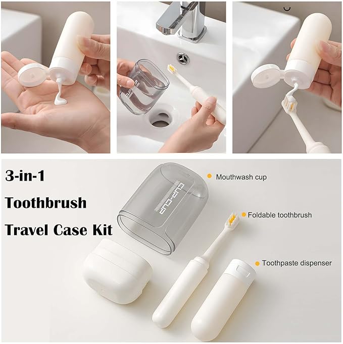 3-in-1 Toothbrush Travel Case Kit - Foldable with Mouthwash Cup, Toothpaste Dispenser, Portable Tooth Brush Holder for Camping, Business Trips, and Daily Use (Blue)