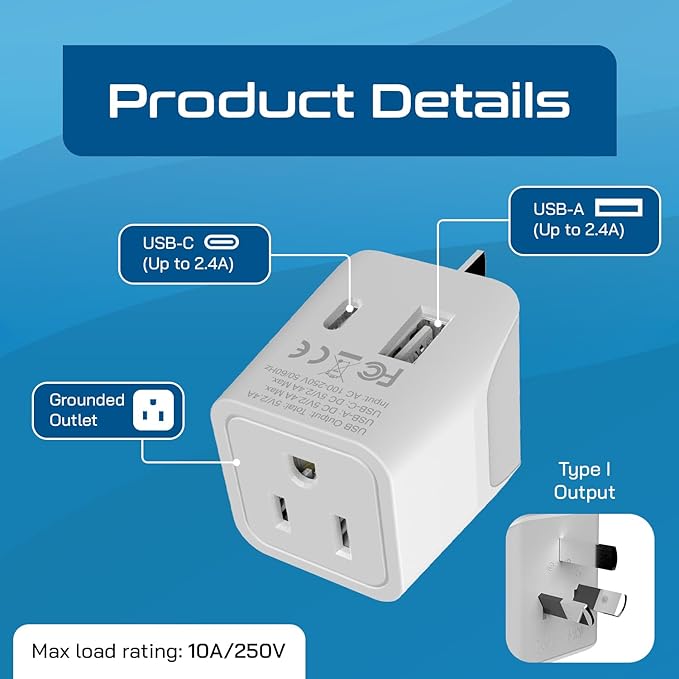 Ceptics Australia, New Zealand, China Travel Adapter Plug - Dual USB Input - Ultra Compact - USA to Type I - Perfect for Cell Phones, Chargers, Cameras, Tablets, and more (CTU-16)