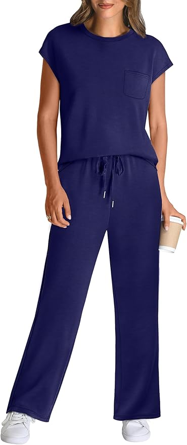 WIHOLL 2 Piece Sets for Women Casual Summer Travel Vacation Outfits Cap Sleeve Lounge Set