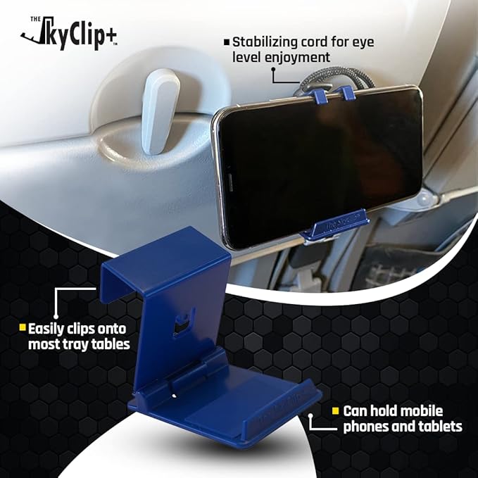 The SkyClip+ Phone & Tablet Holder for Air Travel, Home and Office Use - Inflight Phone Mount & Stand Compatible with iPhone, Android, Kindle and Tablets - Ultimate Travel Accessory (Blue)