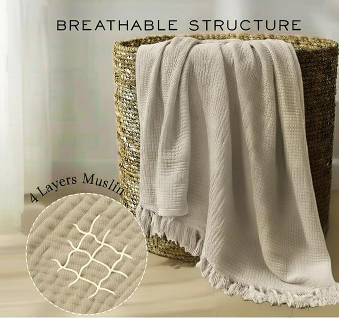 KyraHome 100% Organic Cotton 90"x104" King Size Muslin Blankets for Adults, Couch, Pre-Washed Plant Dyed, Breathable Cozy Gauze Bed Blanket, All Season (Oatmeal Khaki)