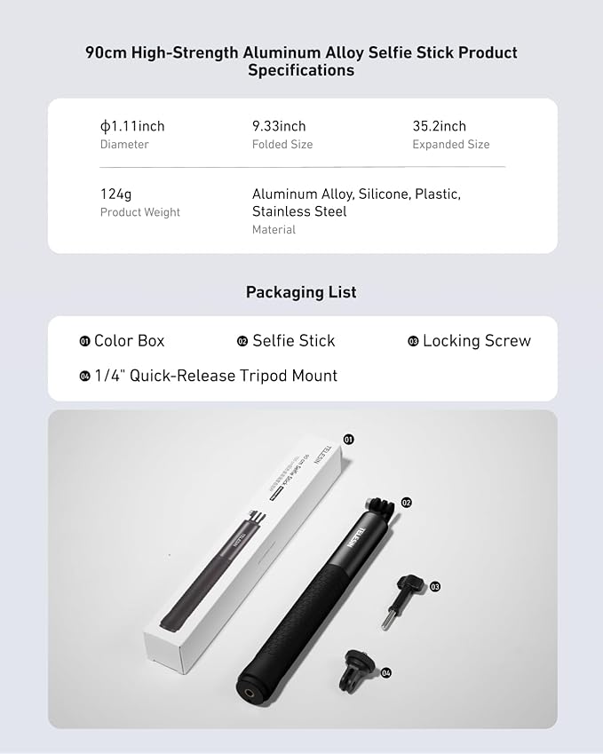 TELESIN 35" Extension Selfie Stick for GoPro, Portable Vlog Selfie Stick Handle Monopod Pole for GoPro Hero 13 12/Insta360/DJI Osmo Nano Action 6 5 4 Pocket/AKASO/Xtra Muse Action Camera Accessories