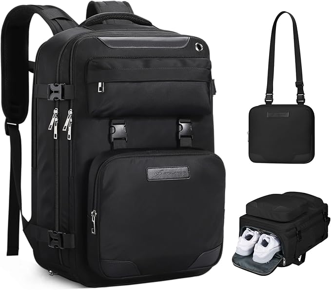 Maelstrom Travel Backpack for Women Men,25L Laptop Backpack Fits 15.6-Inch Laptop,Waterproof Carry On Backpack for Airplanes with Detachable Crossbody Bag & Shoe Compartment (Black, Medium)
