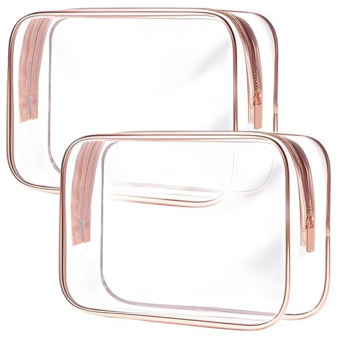TRODANCE Clear Toiletry Bag, 2 Packs TSA Approved Water resistant Travel Organizer, Airport Airline Travel Essential Carry On Makeup Cosmetic Bags for Women, RosePink - 2 packs