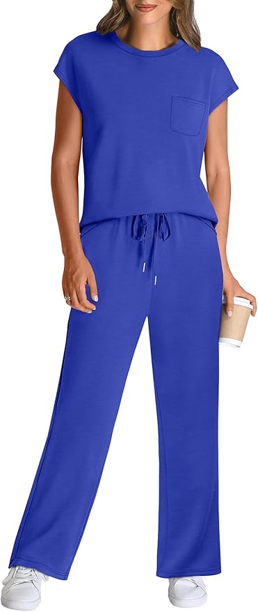 WIHOLL 2 Piece Sets for Women Casual Summer Travel Vacation Outfits Cap Sleeve Lounge Set
