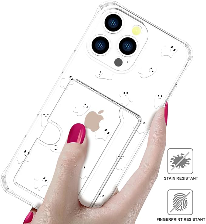 Compatible with iPhone 16 Pro Case Card Holder for Women Cute Design,Wallet Phone Cases Transparent Cool Kawaii Protective (Clear Ghosts Halloween Hallowmas)