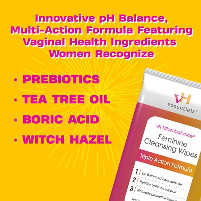 vH essentials Feminine Cleansing Wipes 32 ct. pH Balanced, Prebiotics, Tea Tree & Aloe, Soothing Witch Hazel, Vaginal and Perianal Care, Paraben, Alcohol, and Fragrance-Free (Pack of 6)
