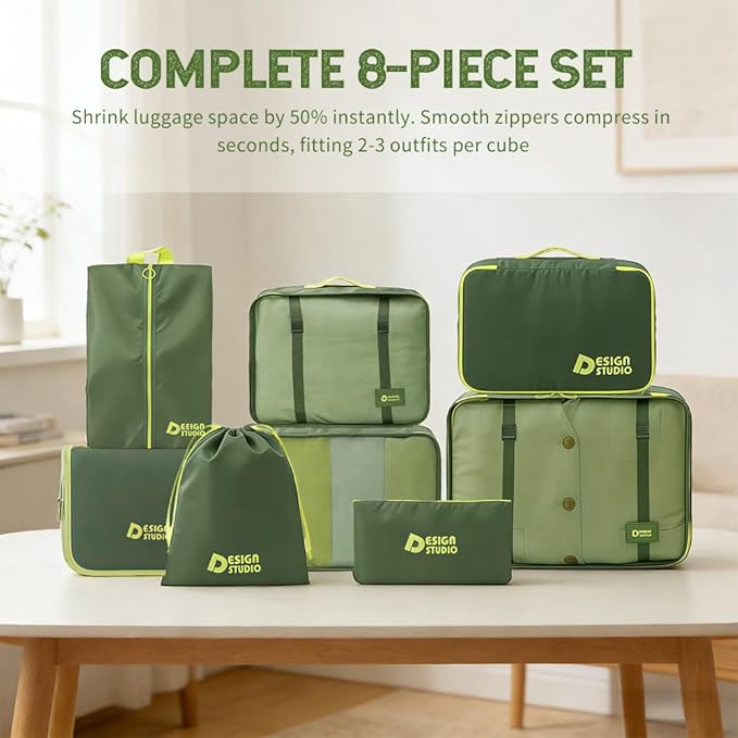 8-Piece Expandable Packing Cubes Set with Hanging Toiletry Bag, Lightweight Compression Travel Organizers for Carry-On Suitcase (Green)