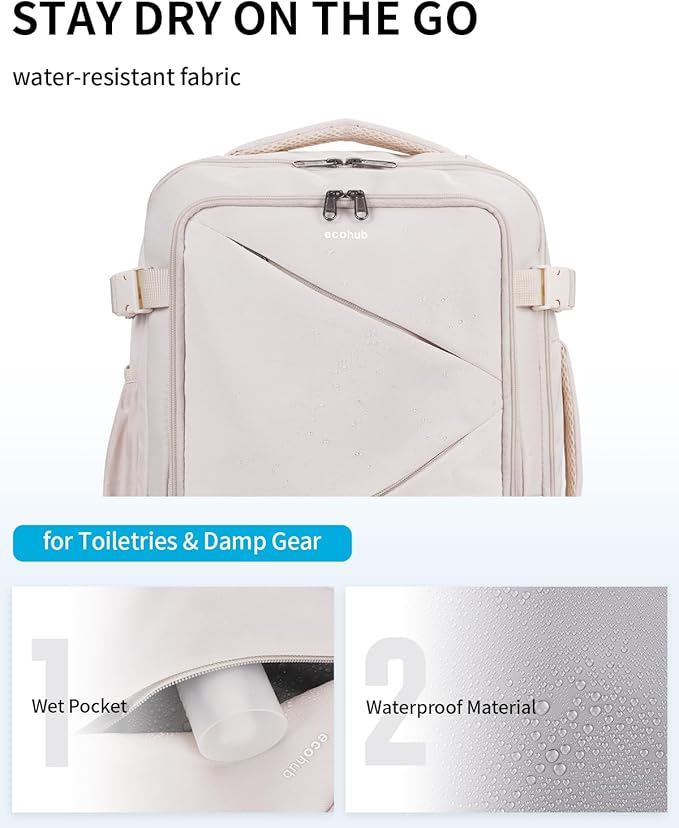 ECOHUB 17" Small Unisex Travel Backpack United Airlines Approved 17x10x9 Friendly Suitcase Anti-Theft Lockable Zippers Style Personal Item Bag Travel Essentials with 12 Pockets Water Resistant, White
