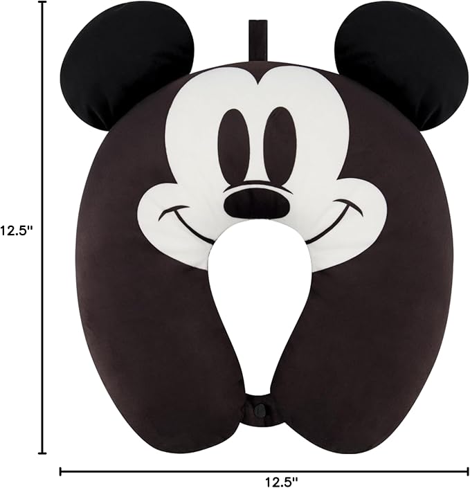 FUL Disney Mickey Mouse Neck Pillow, Travel Accessories with 3D Ears for Airplane, Car and Office, Comfortable and Breathable, Black