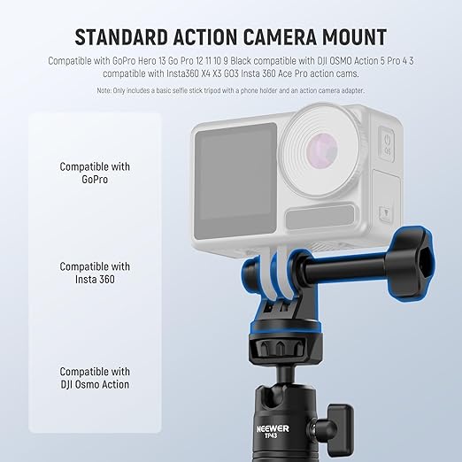 NEEWER Basics Mini Desk Selfie Stick Tripod Compatible with iPhone GoPro Insta360 DJI, Portable Small Camera Webcam Android Cell Phone Holder Ball Head Elevated Axis Video Recording Stand, TP43 Black