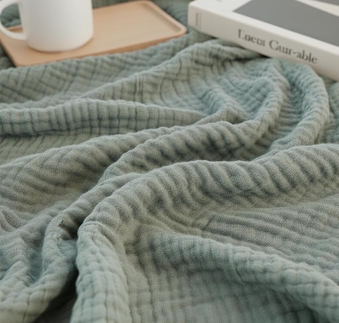 KyraHome Muslin Blankets for Adults, Bed, Couch, 90" x104“ King,100% Organic Cotton Pre-Washed, Breathable Lightweight Gauze Bed Blankets, Bedspread, All Season, Sage Green