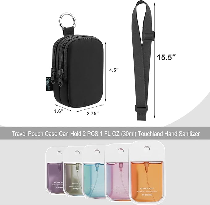 Beautyflier Double Pockets Hand Sanitizer Spray Case for Touchland Power Mist and Glow Mist 1FL OZ, Zipper Pouch for Hand Sanitizer Spray Bottle, with Extra Removable Neck Strap, Fits Travel (Black)